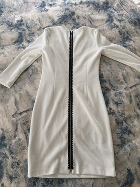 White Long-Sleeve Sheath Dress with Black Center Trim